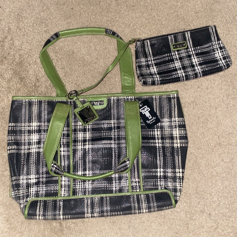 Vintage Tignanello Plaid Tote Black & Peridot